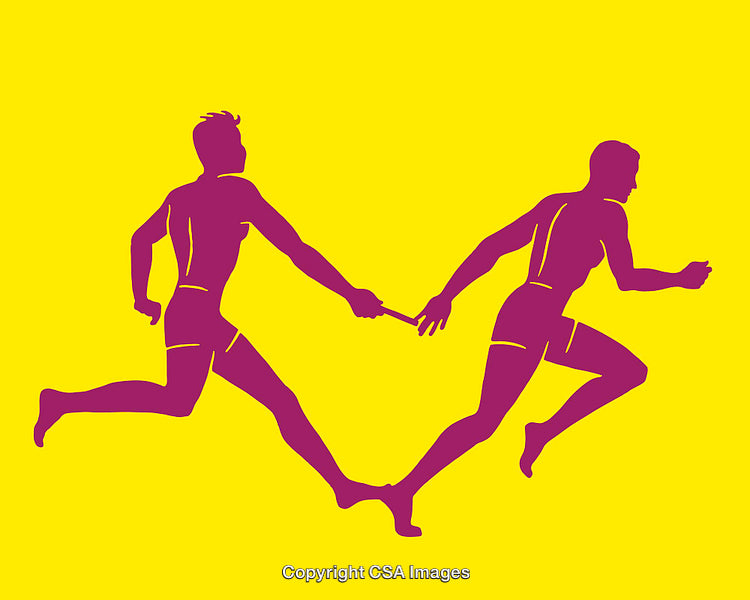 Color Silhouette Illustration of Two Athletes Running in A Team Relay Race