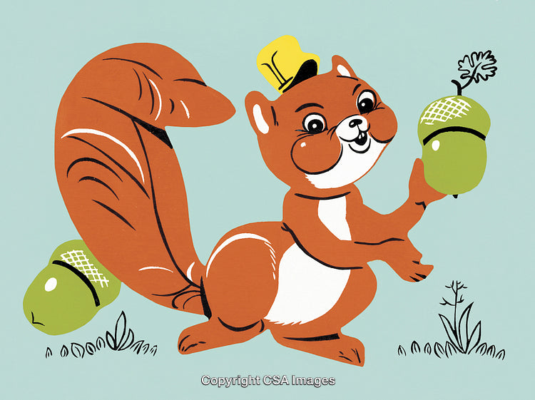 Cute Cartoon Squirrel Holding Acorns in a Whimsical Setting