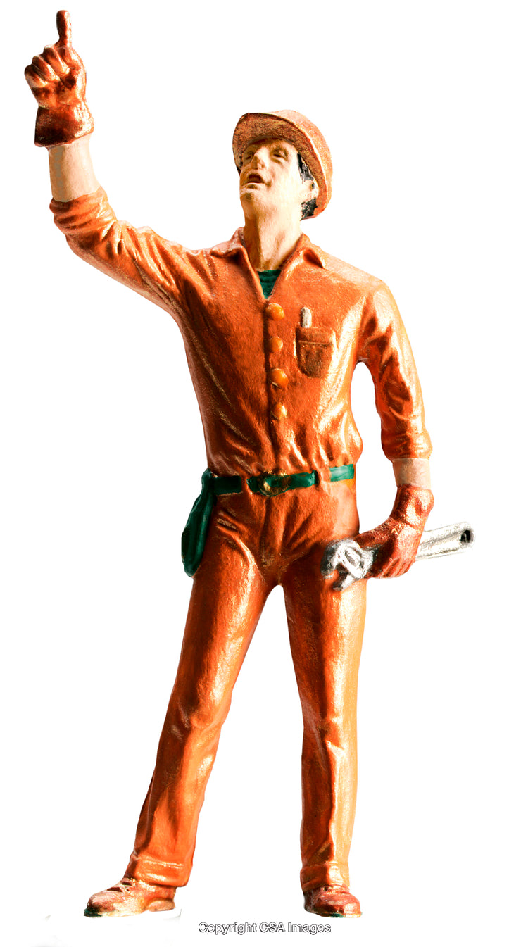 Orange Clad Worker Figurine Gesturing Upwards With Tools