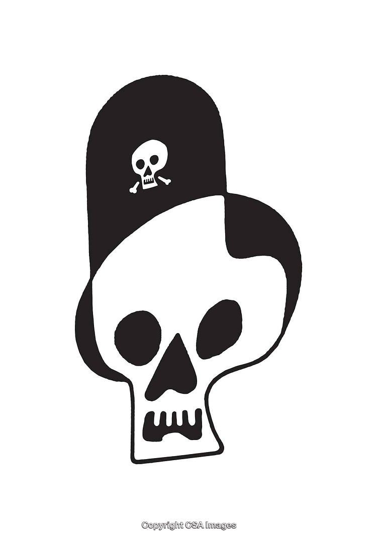 Black and White Skull Illustration with Hat Featuring Simple Line Art Style