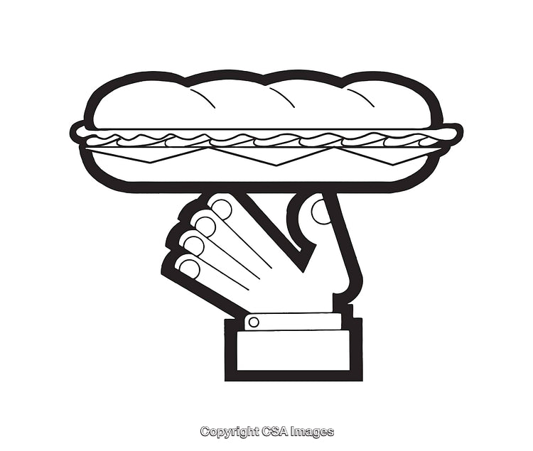 Black And White Line Art Illustration of a Sandwich on a Serving Hand