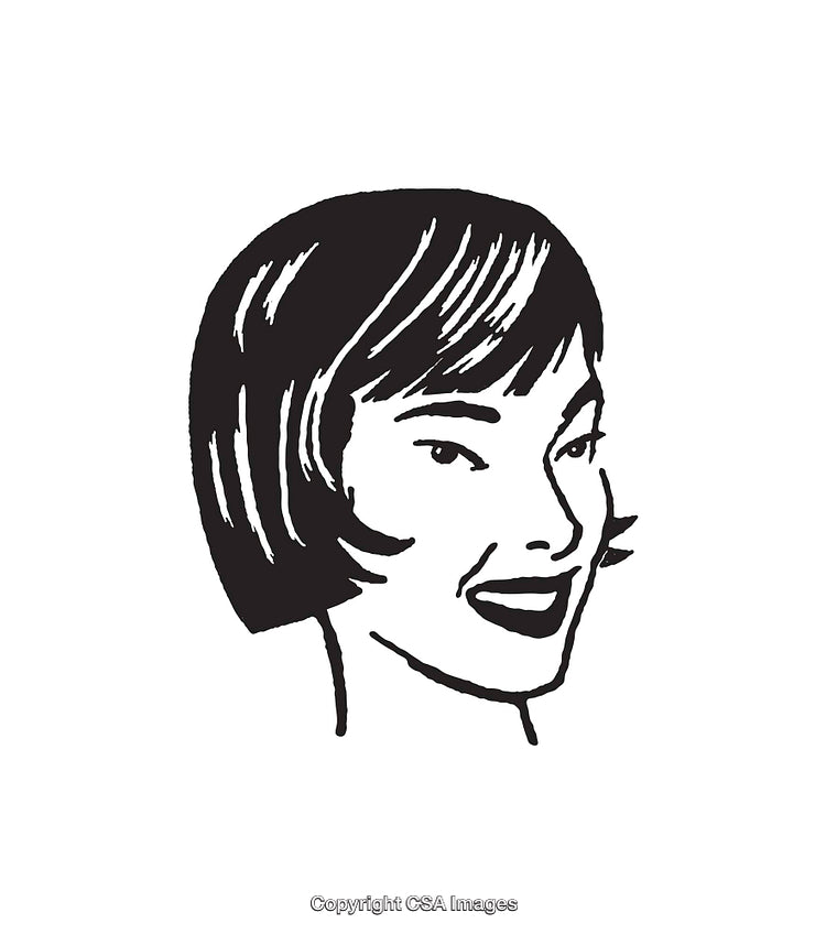 Retro Black and White Line Art Portrait of a Woman Smiling
