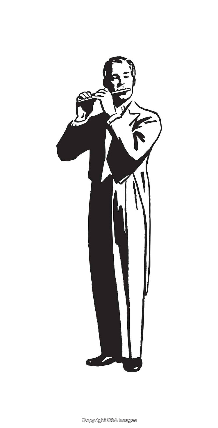 Black and White Line Art of a Man Playing Flute