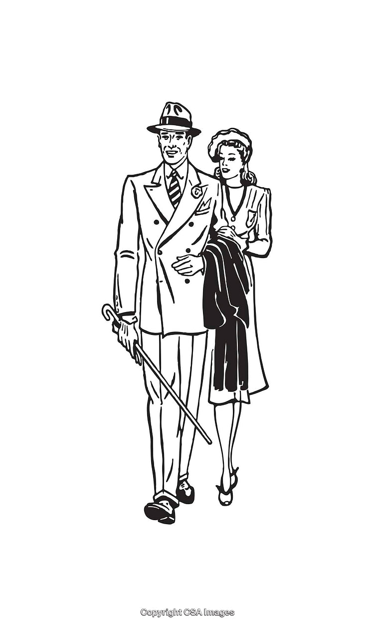 Elegant Vintage Couple Walking Together in Line Art Style Illustration