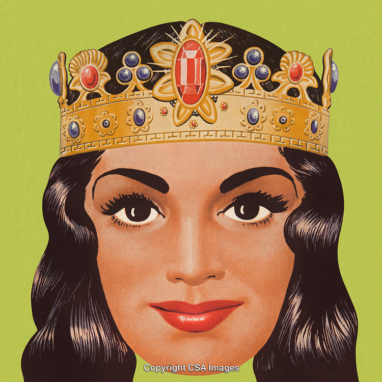 Vintage Illustration of a Queen with Golden Crown on Green Background