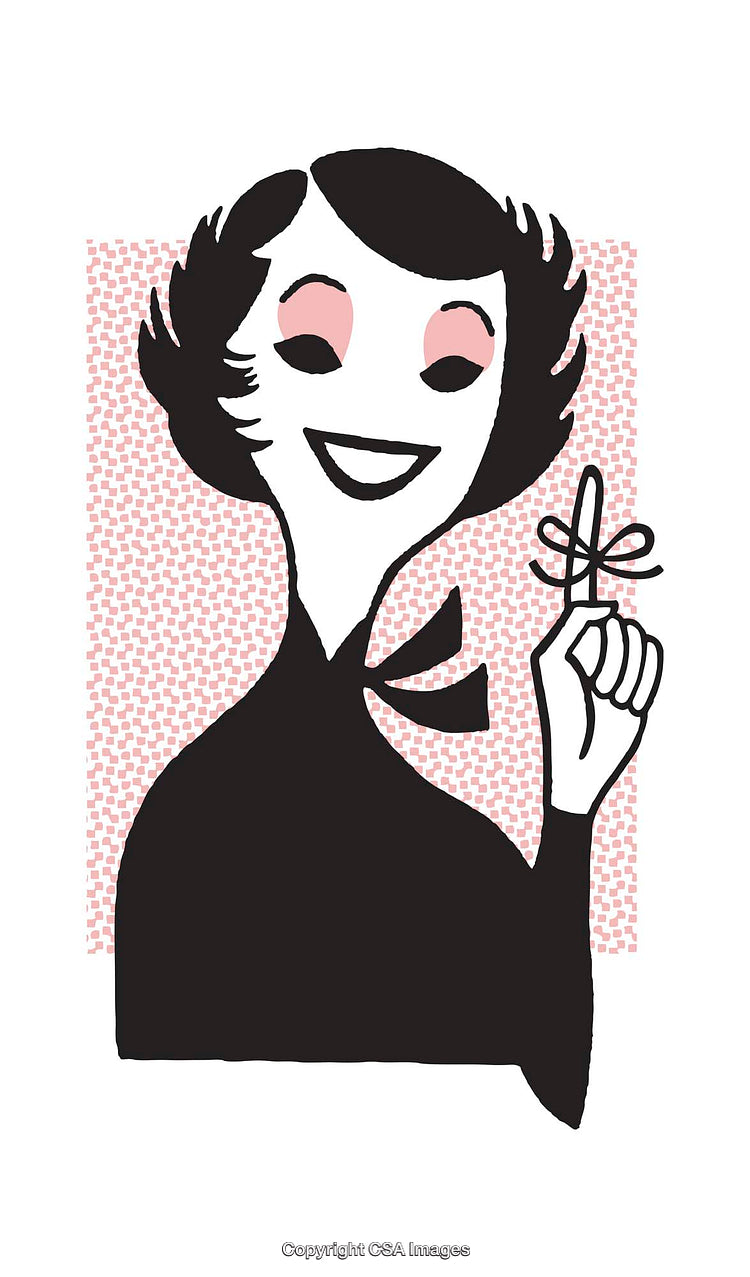 Retro Illustration of Smiling Woman with Bow Tied Finger Reminder