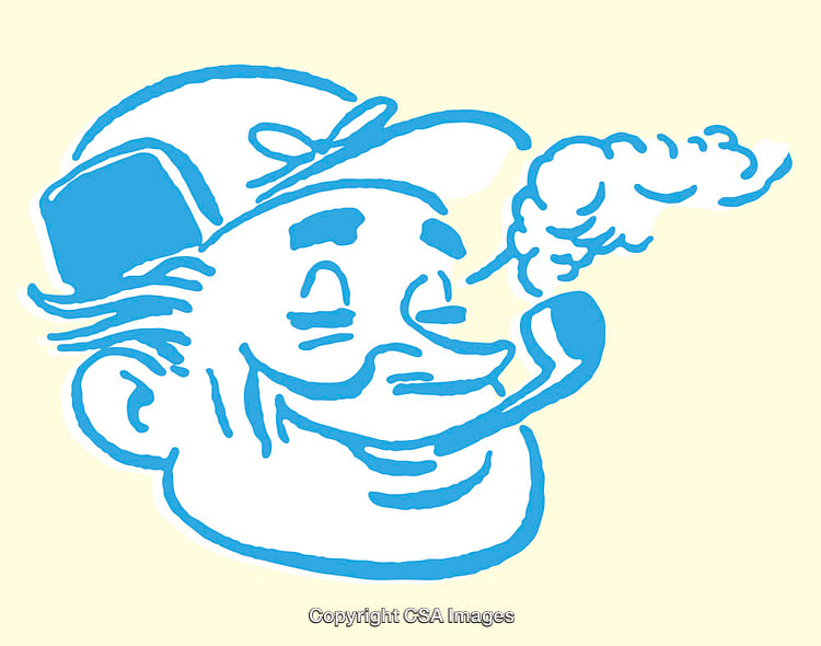 Smiling Cartoon Character with Smoking Pipe in Blue Line Art Style
