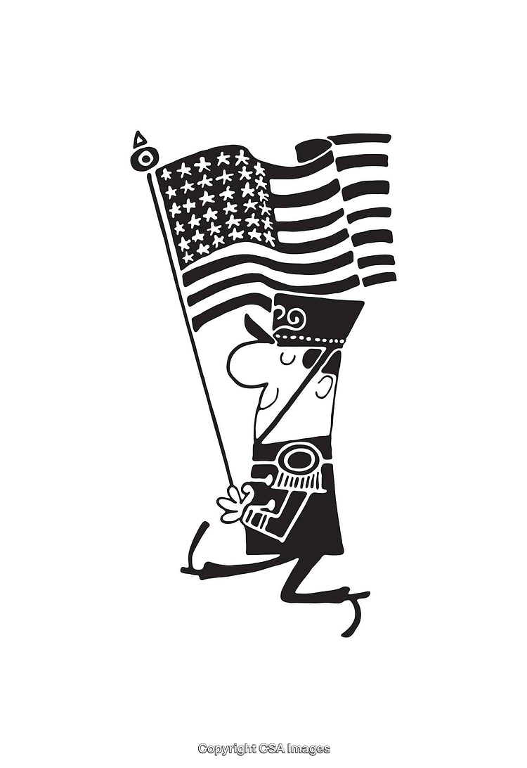 Black and White Line Art of Soldier with American Flag