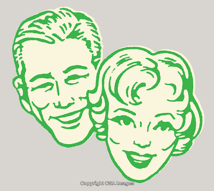 Retro Line Art Illustration of Smiling Couple Heads in Green and Cream