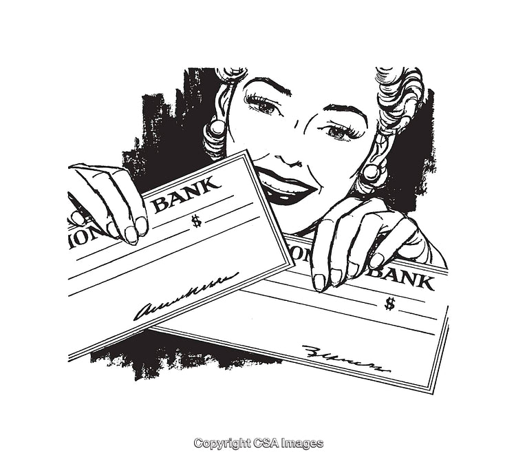 Retro Style Line Art Illustration of Woman Holding Two Banking Checks