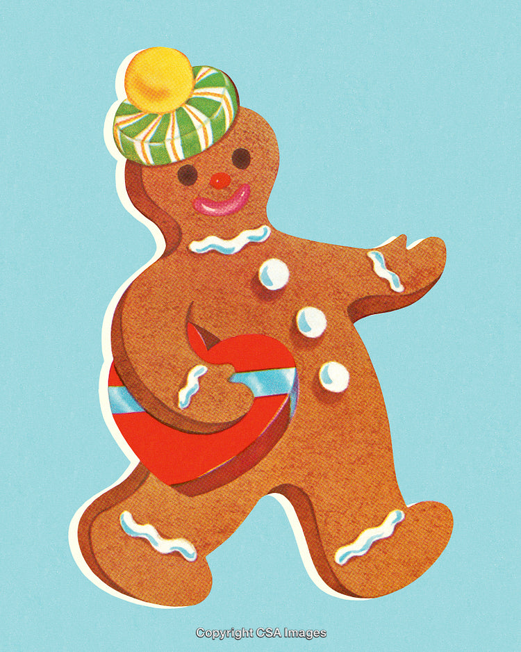Colorful Gingerbread Cookie Illustration With Festive Hat and Candy Cane Accessory