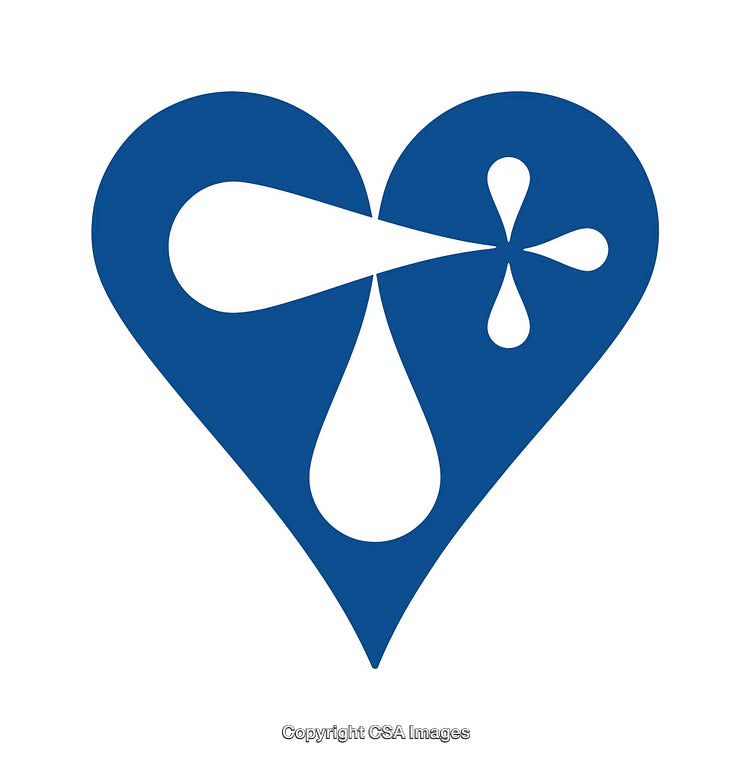 Blue Heart Icon Featuring Drops and a Stylized Cross