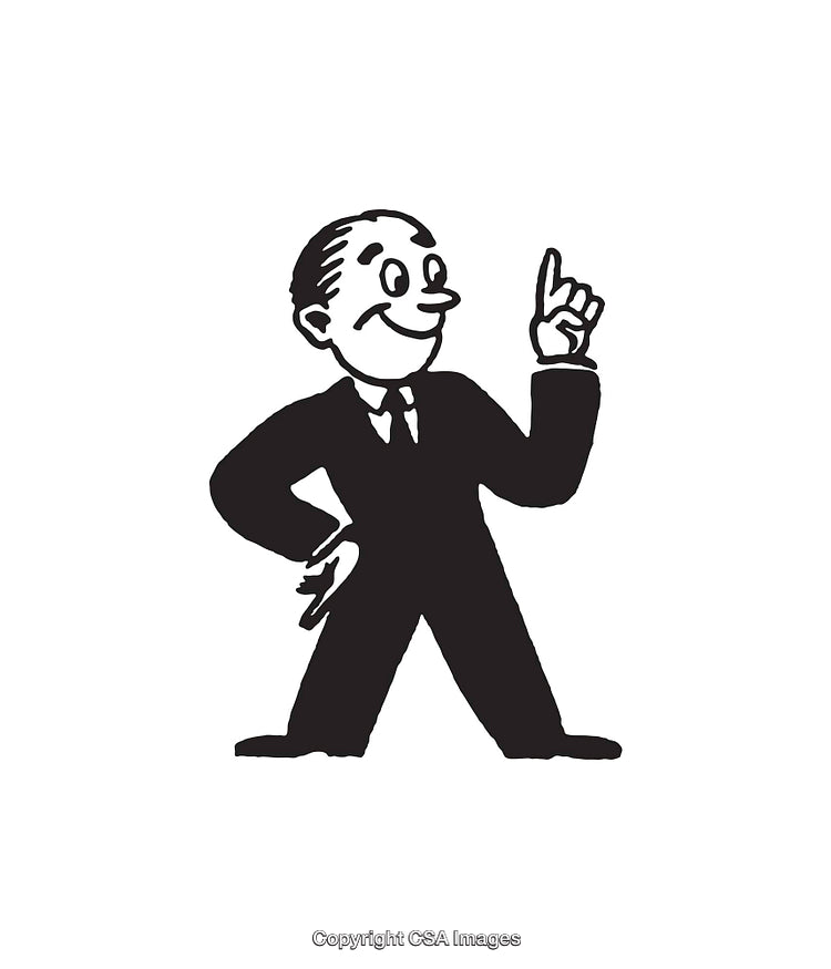 Classic Black and White Illustration of a Confident Businessman Pointing