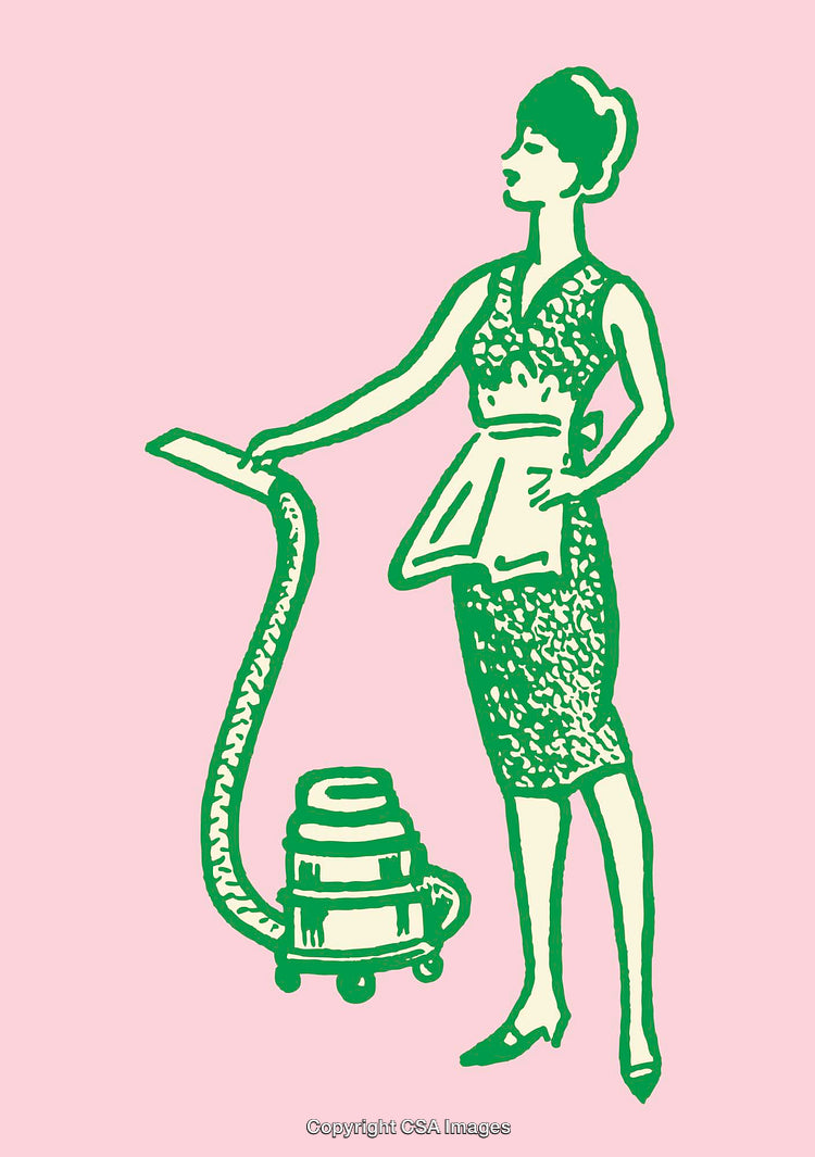 Retro Style Green Line Art of Housewife With Vacuum Cleaner