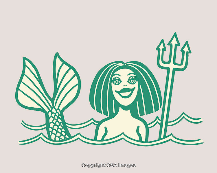 Playful Mermaid Illustration with Trident and Tail in Green Line Art