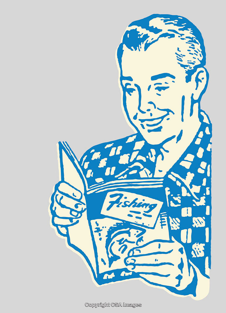 Retro Illustration of a Man Reading a Fishing Magazine in Blue and Beige