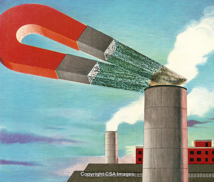 Magnet Extracting Pollution From Smokestack in Conceptual Illustration