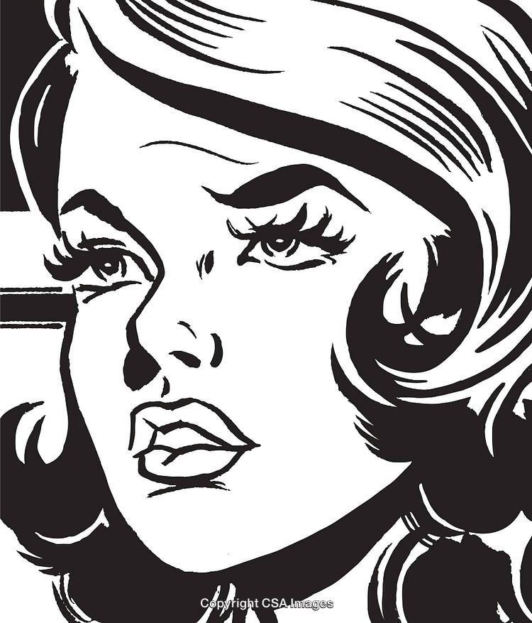 Vintage Black and White Pop Art Illustration of a Woman's Face
