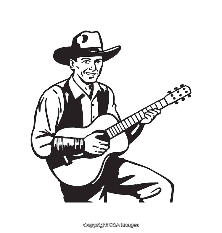 Vintage Cowboy Playing Acoustic Guitar Artwork in Black and White Style