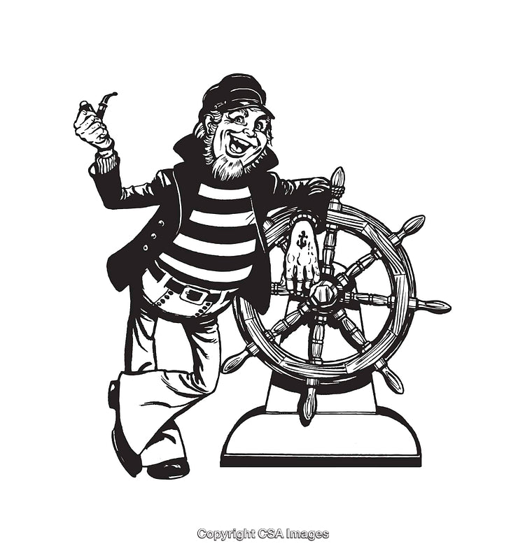 Playful Illustration of a Sailor With a Ship's Wheel in Line Art Style