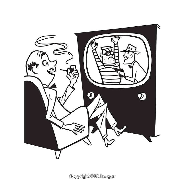 Retro Black and White Cartoon of Man Watching Television in Armchair