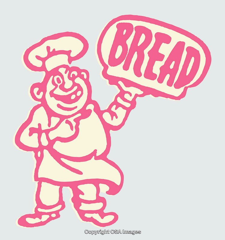 Illustration of Cheerful Baker Holding Bread Sign in Retro Style