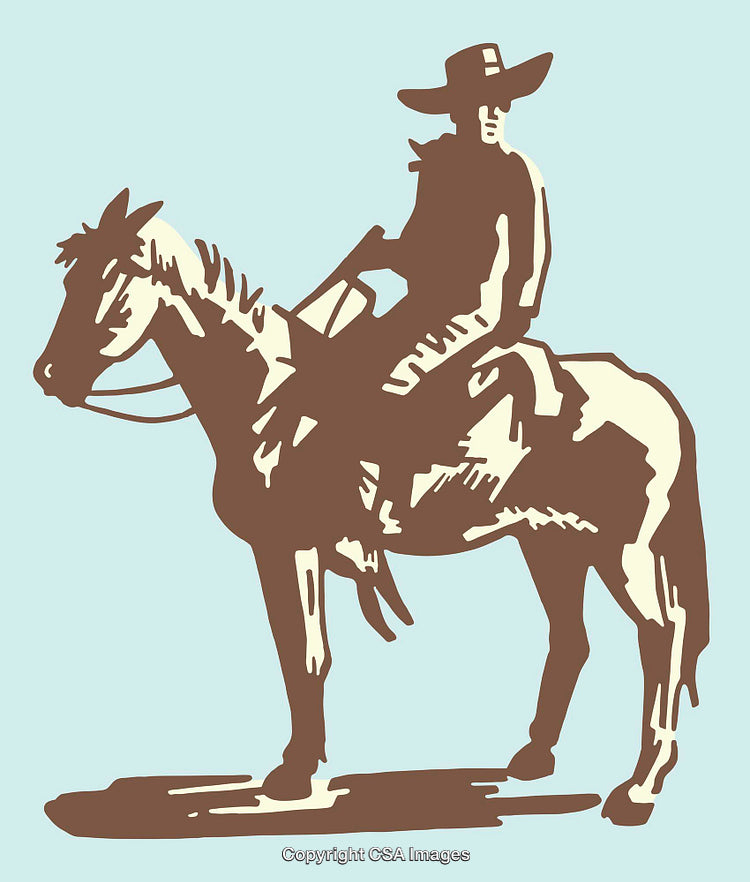Cowboy Silhouette on Horseback in Western Style Line Art