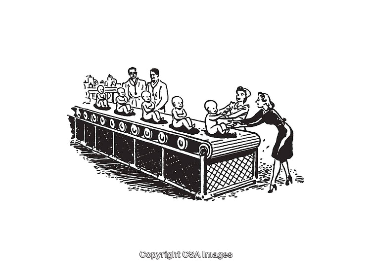 Illustrated Factory Line With Infants and Workers in Black and White