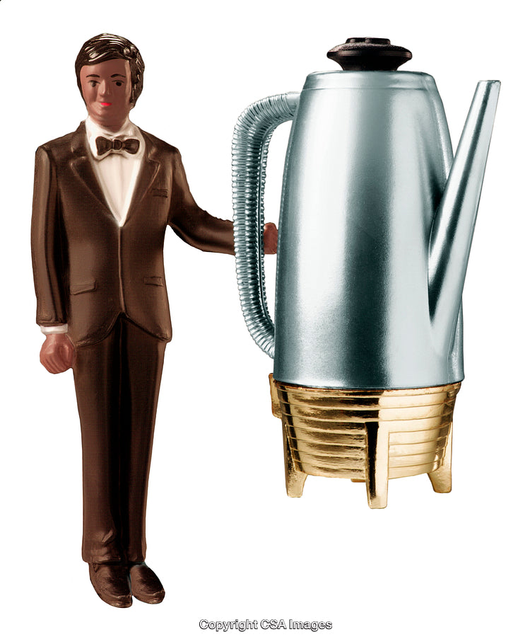 Vintage Plastic Toy Figure with Coffee Pot on White Background