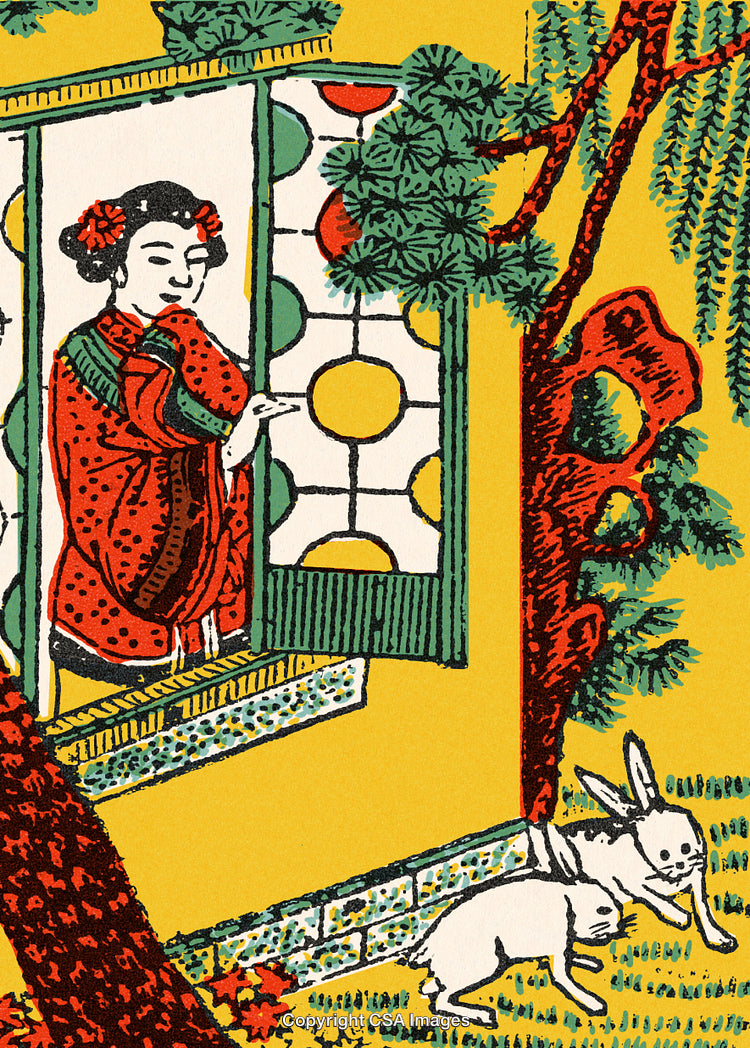 Traditional Illustration of Woman with Rabbits Under Vibrant Nature Scene