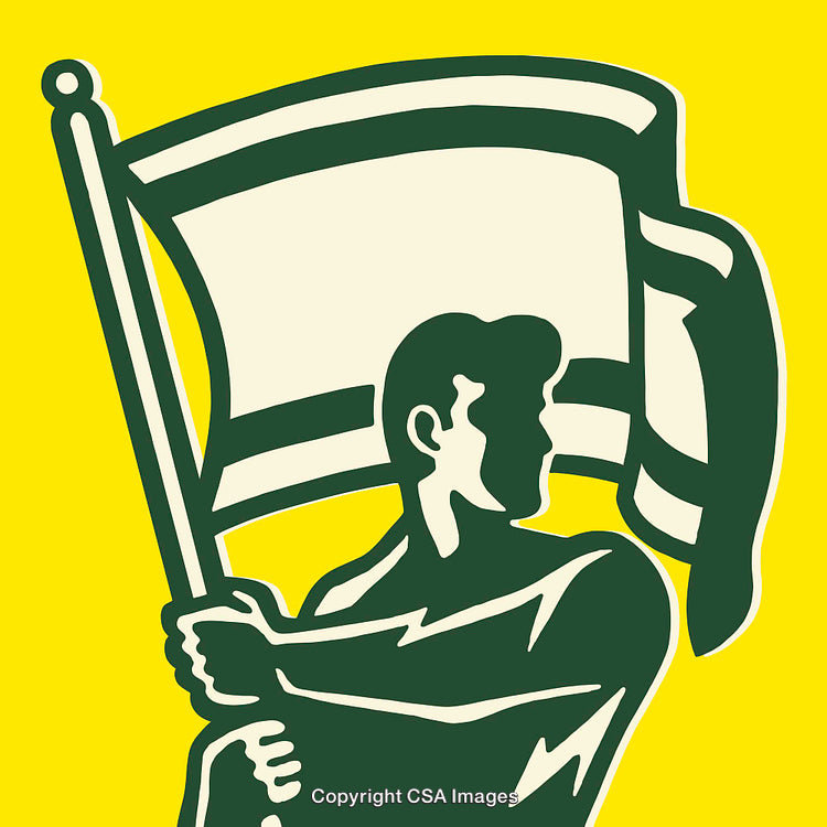 Illustrated Figure Holding Flag in Bold Colors and Shapes
