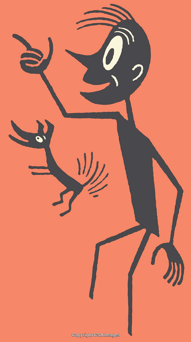 Illustrated Cartoon Figure With a Playful Dog on Orange Background