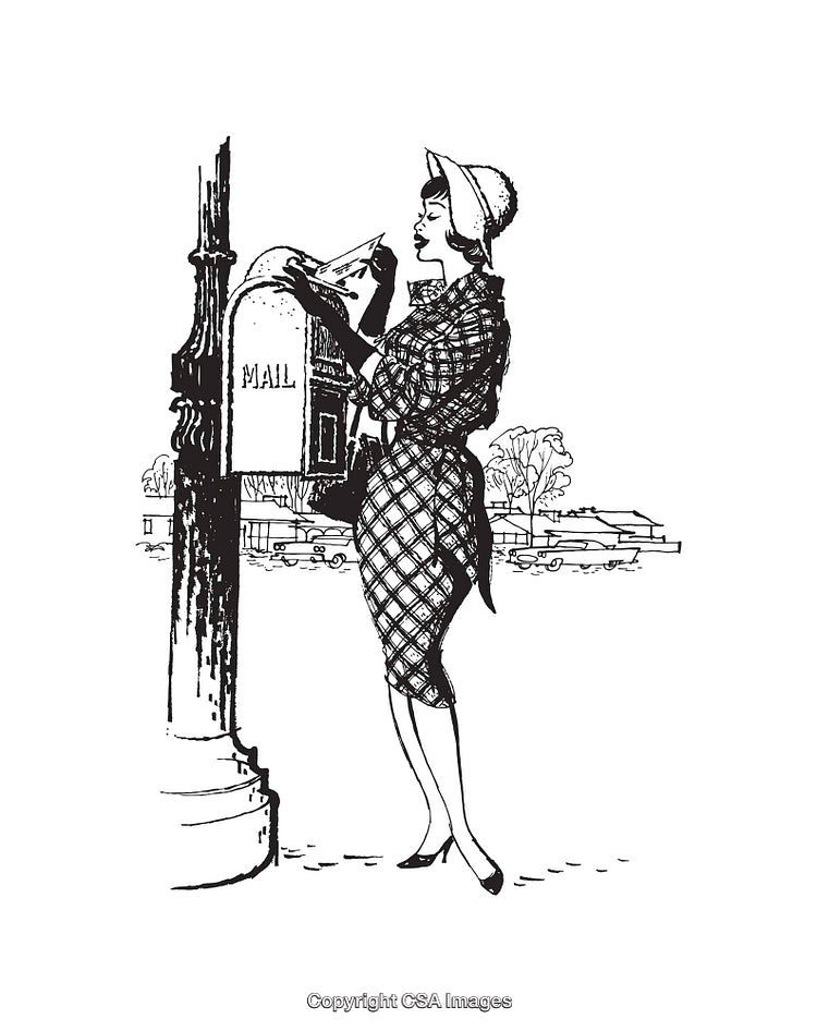 Vintage Line Art of Elegant Woman Mailing Letters in Black and White
