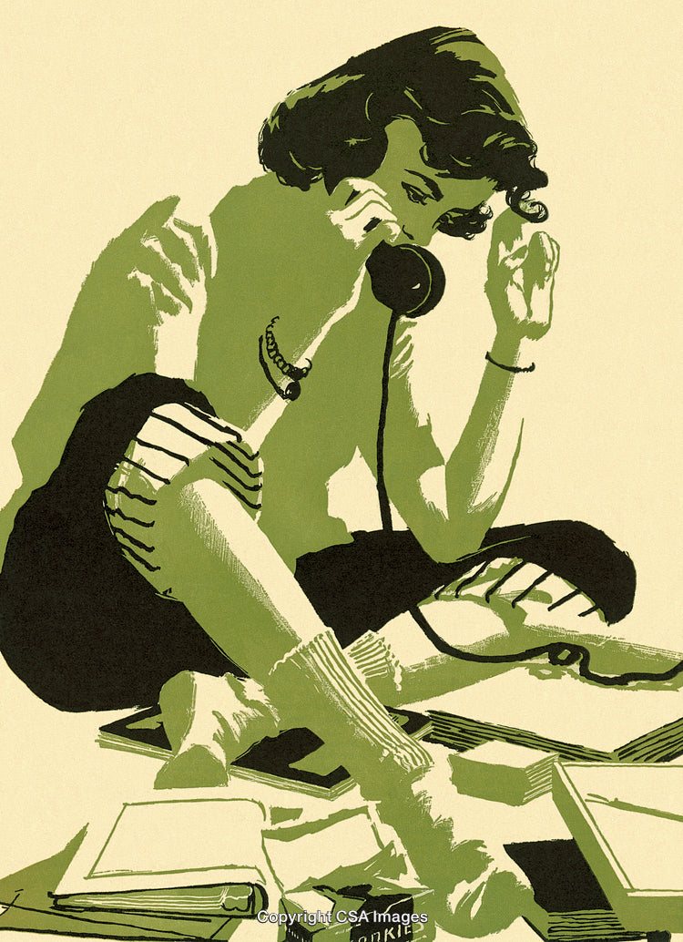 Retro Illustration of a Woman on the Telephone With Books Around