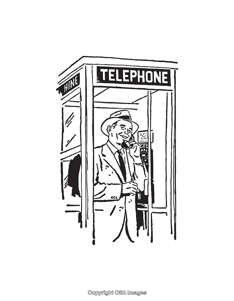 Vintage Man in Telephone Booth Black and White Illustration