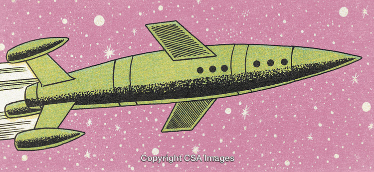 Retro Style Space Rocket Flying Against a Starry Pink Galaxy Background
