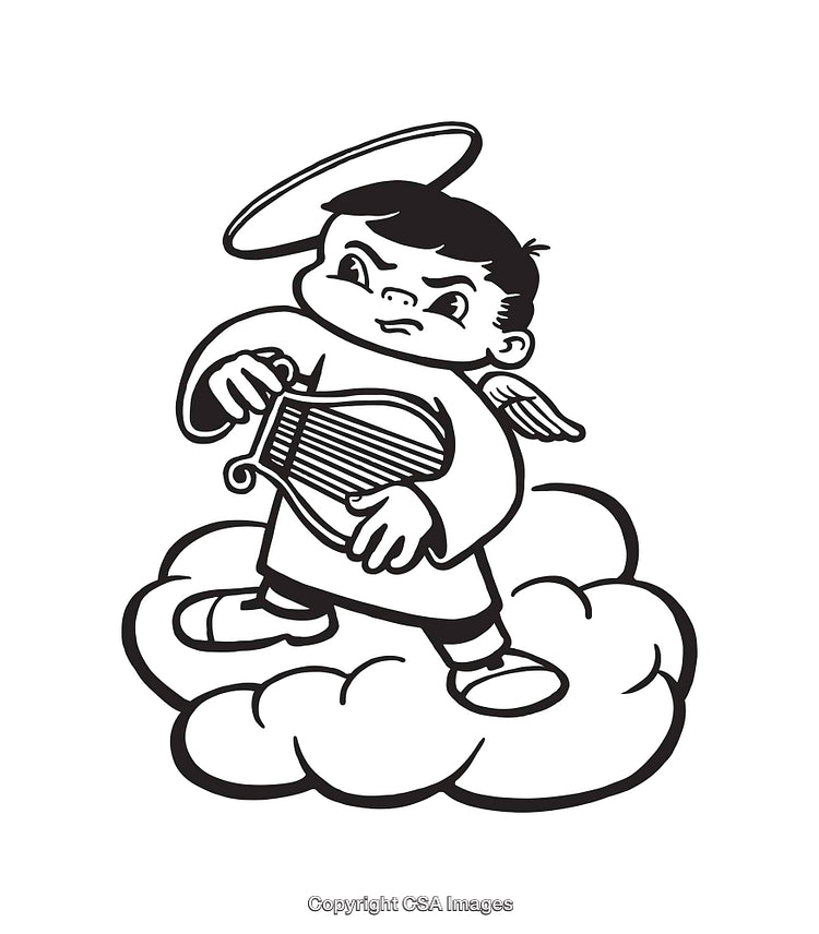 Playful Angel with Harp in Whimsical Black and White Line Art