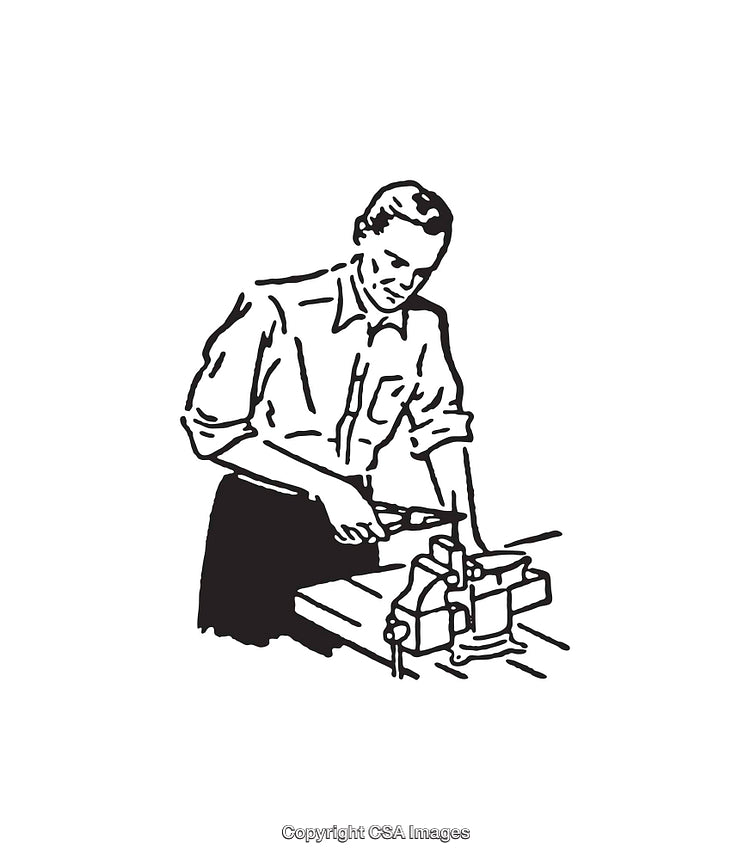 Black and White Line Art of Man Working in Workshop Setting
