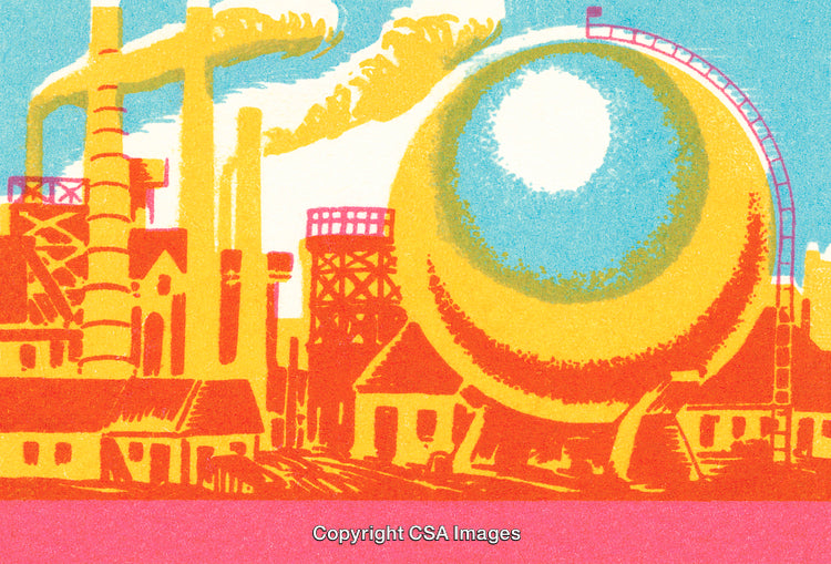 Colorful Industrial Factory Illustration with Smokestacks and Large Circular Structure