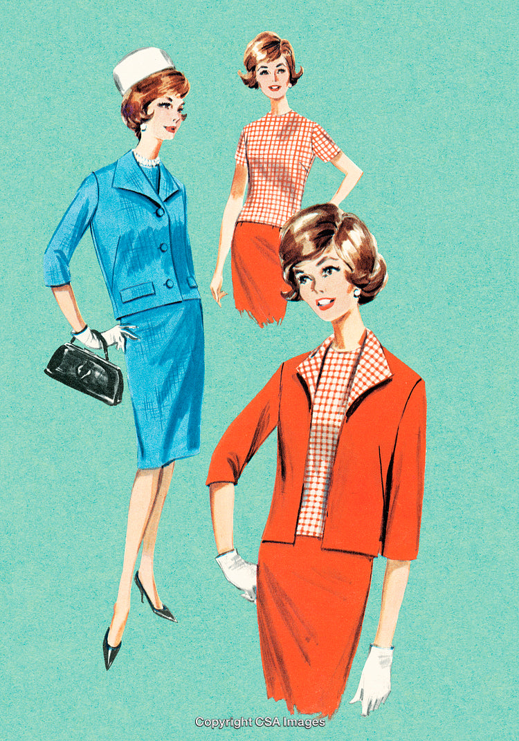 Vintage Illustration Depicting Stylish Women in 1960s Fashion Ensembles