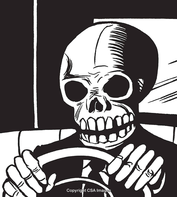Monochrome Skeleton Figure Driving a Vehicle in Retro Comic Style Illustration