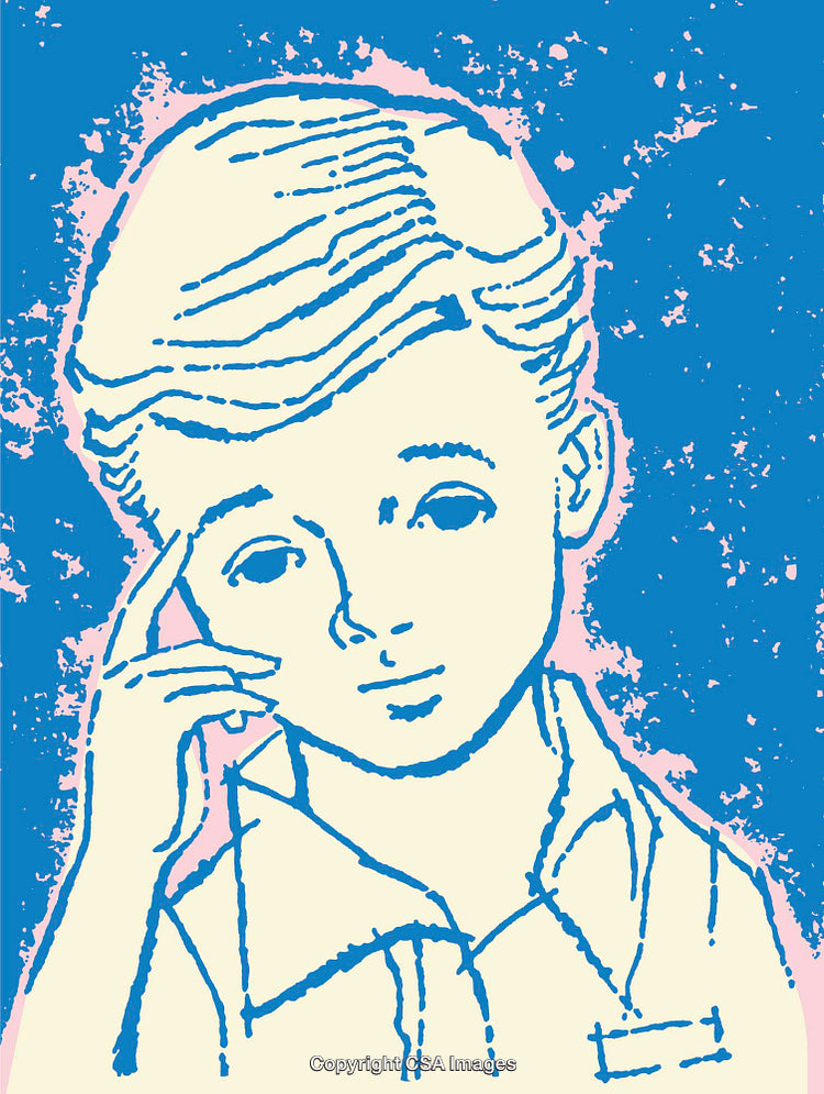 Color Line Art Illustration of a Thoughtful Boy in Blue and Beige