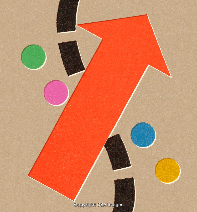 Abstract Design Featuring a Red Arrow and Colorful Circular Elements