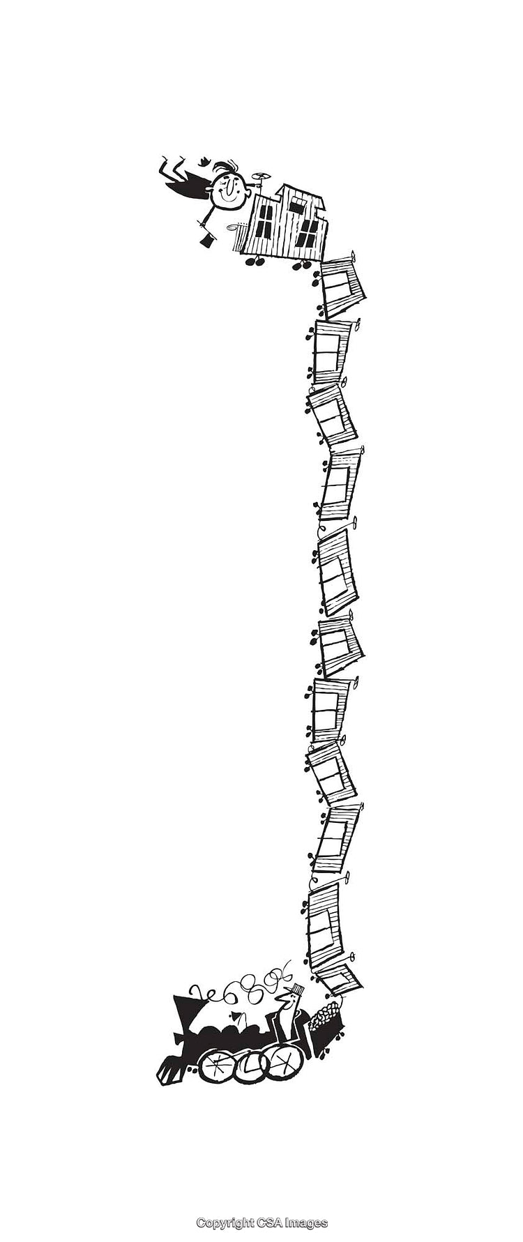 Black and White Illustration of a Train with a Stack of Books