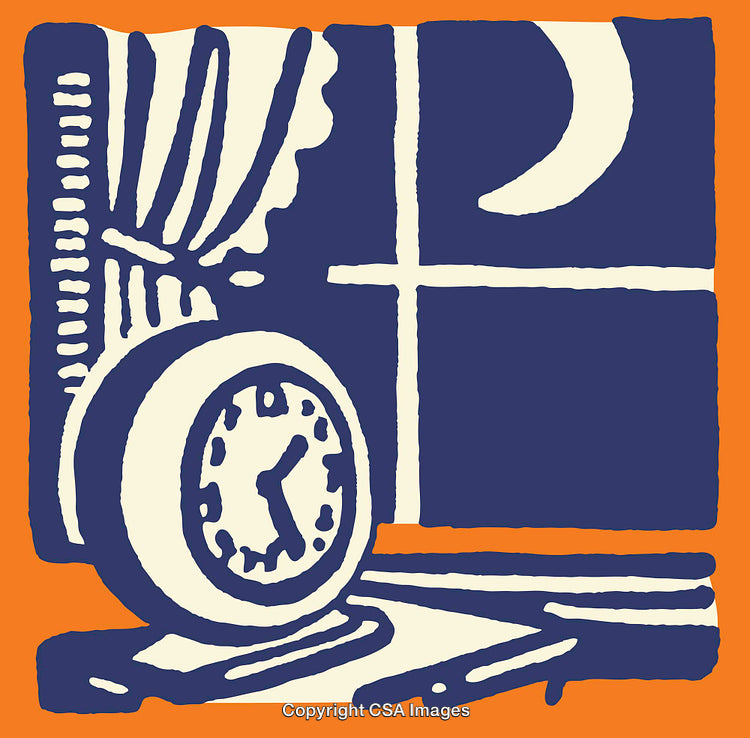 Retro Clock Illustration with Moonlit Night Scene in Bold Colors
