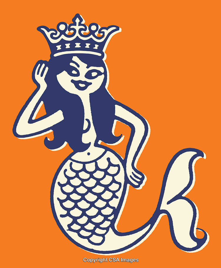Blue and Orange Mermaid Illustration with a Crown in Cartoon Style