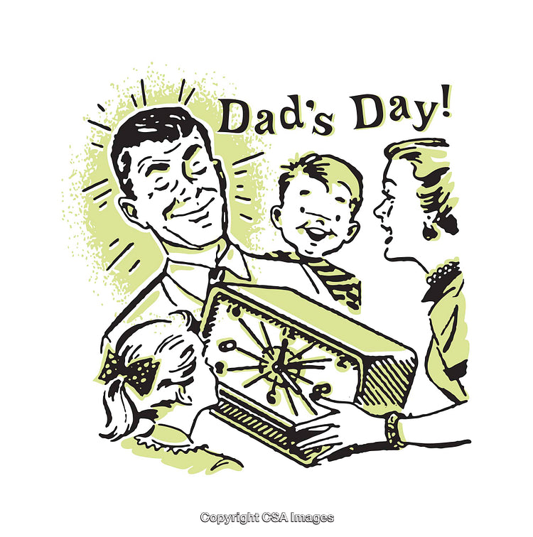 Retro Father’s Day Celebration with Happy Family and Gift Exchange Illustration