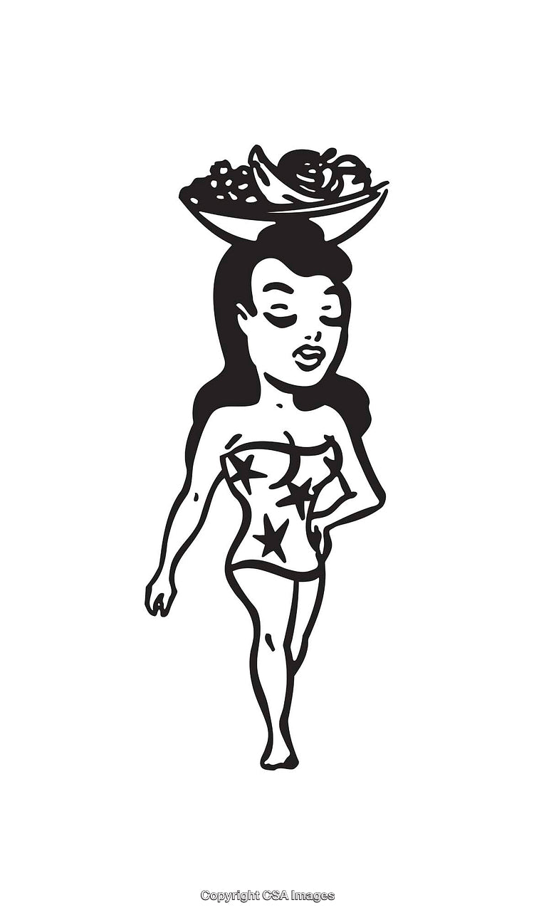 Illustration of Woman with Starred Attire and Fruit Basket in Line Art