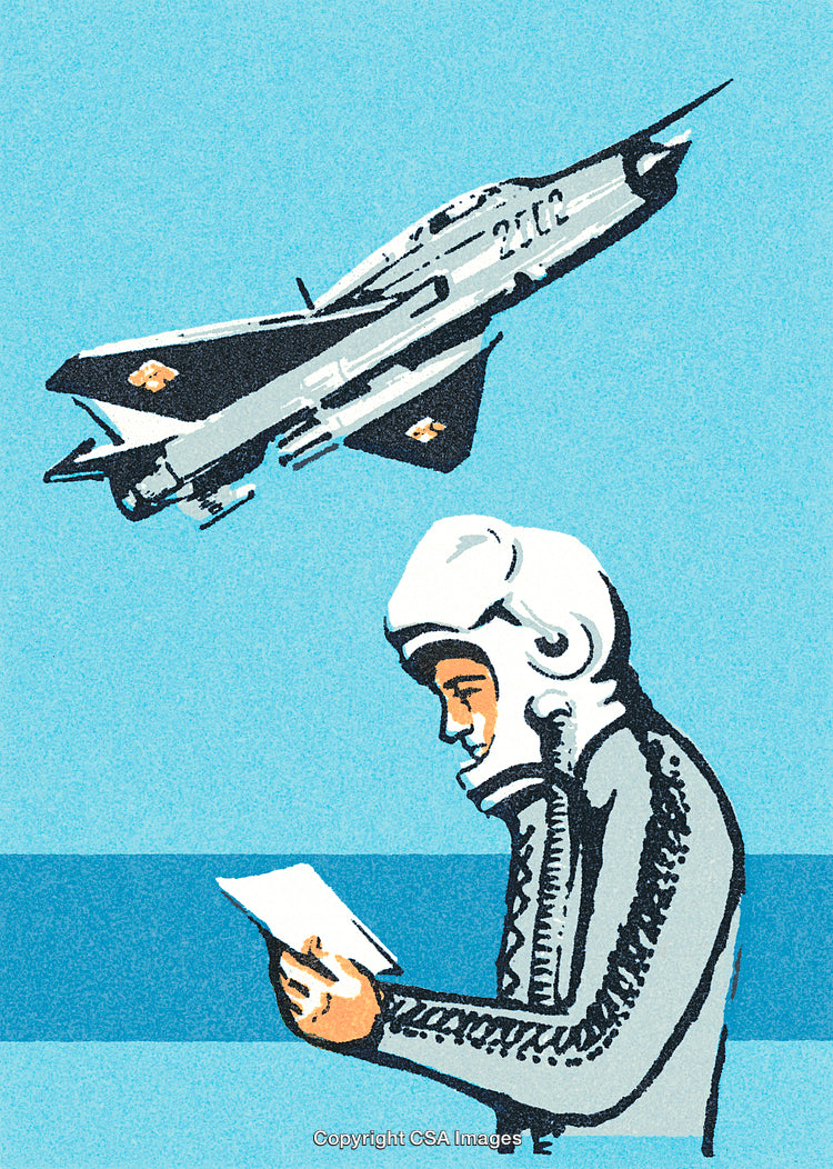 Illustration of a Pilot Reading With a Jet Fighter Flying Overhead