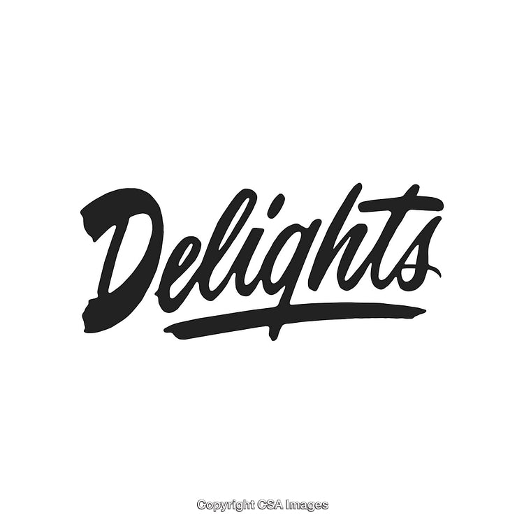 Modern Handwritten Script Typography Art Illustrating the Word 'Delights' on White